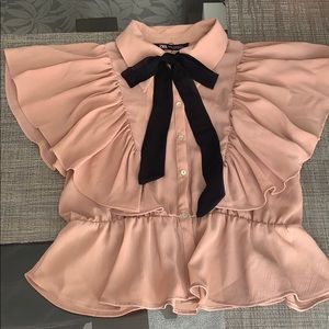 Zara Blush Pink Ruffle Blouse with Black Bow